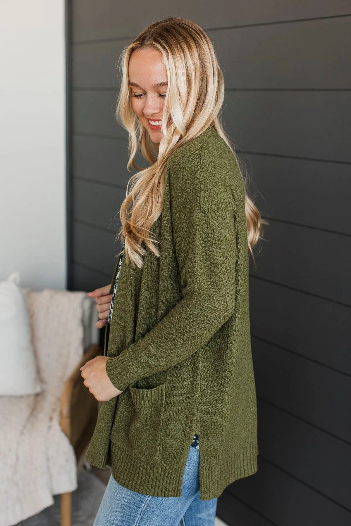 Keeping Cozy Open Front Cardigan- Olive