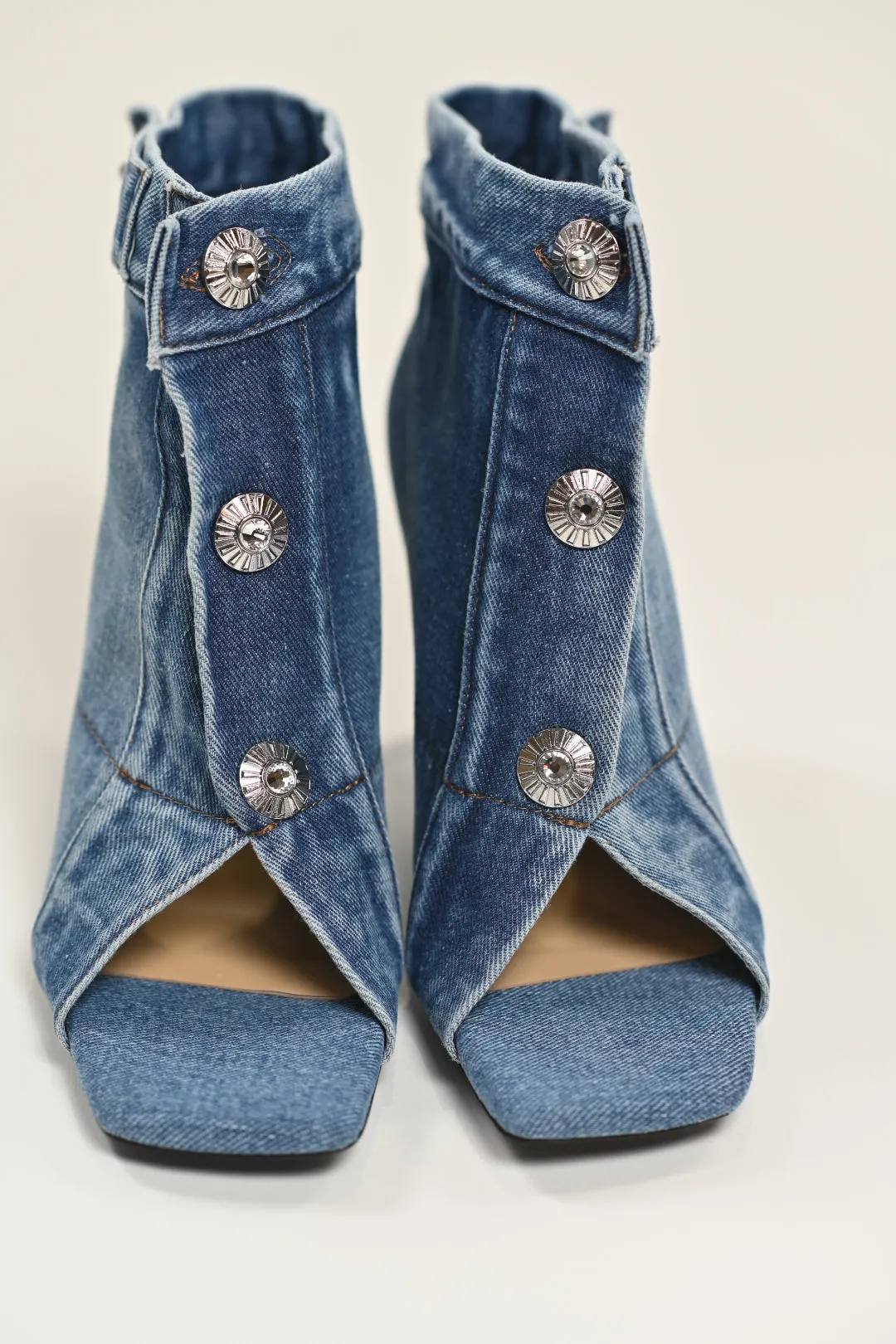 LaLa Denim Booties with Jeweled Buttons