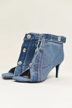 LaLa Denim Booties with Jeweled Buttons