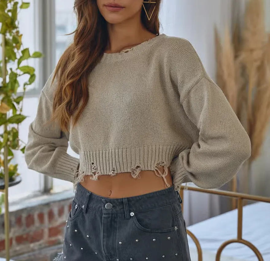 Long Sleeve Distressed Cropped Sweater