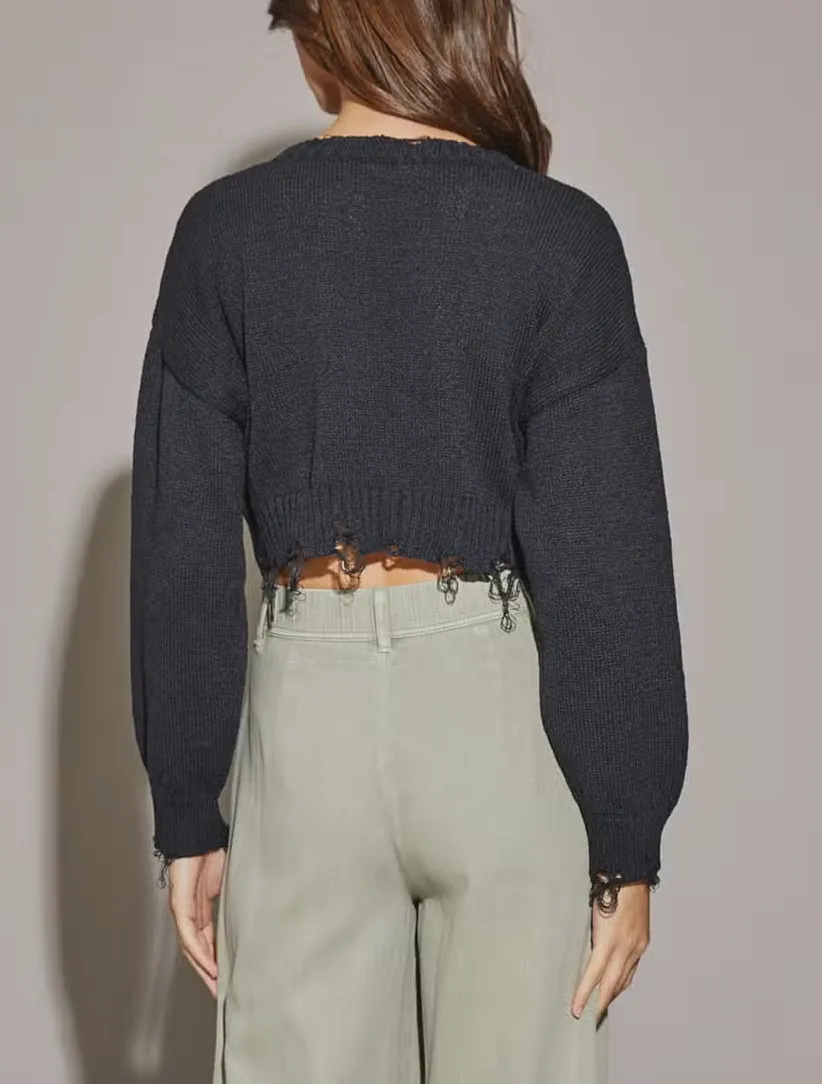 Long Sleeve Distressed Cropped Sweater