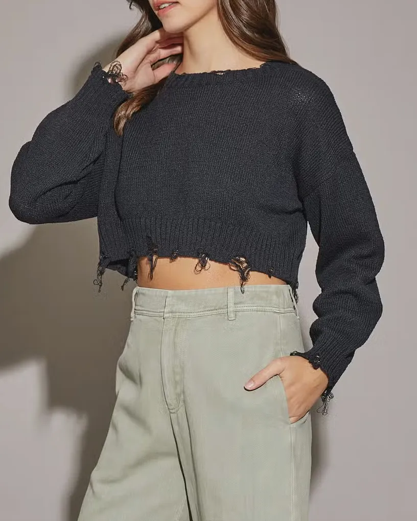 Long Sleeve Distressed Cropped Sweater