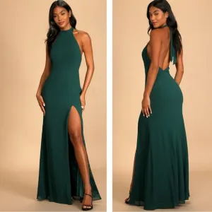 Lulus Captured Your Heart Hunter Green Halter Maxi Dress NWOT Size Small Slit