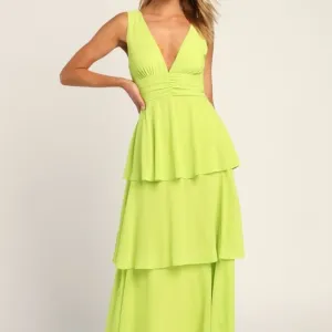 Lulus Celebration Time Lime Green Sleeveless Tiered Midi Dress - Size M