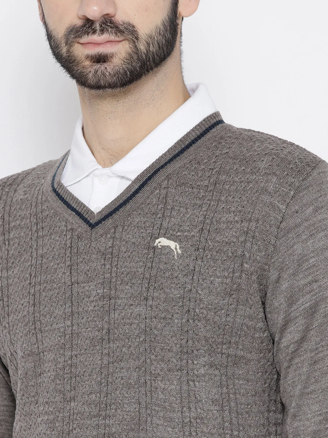 Men Beige self Design Pullover