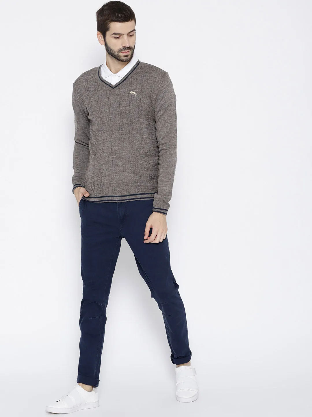 Men Beige self Design Pullover