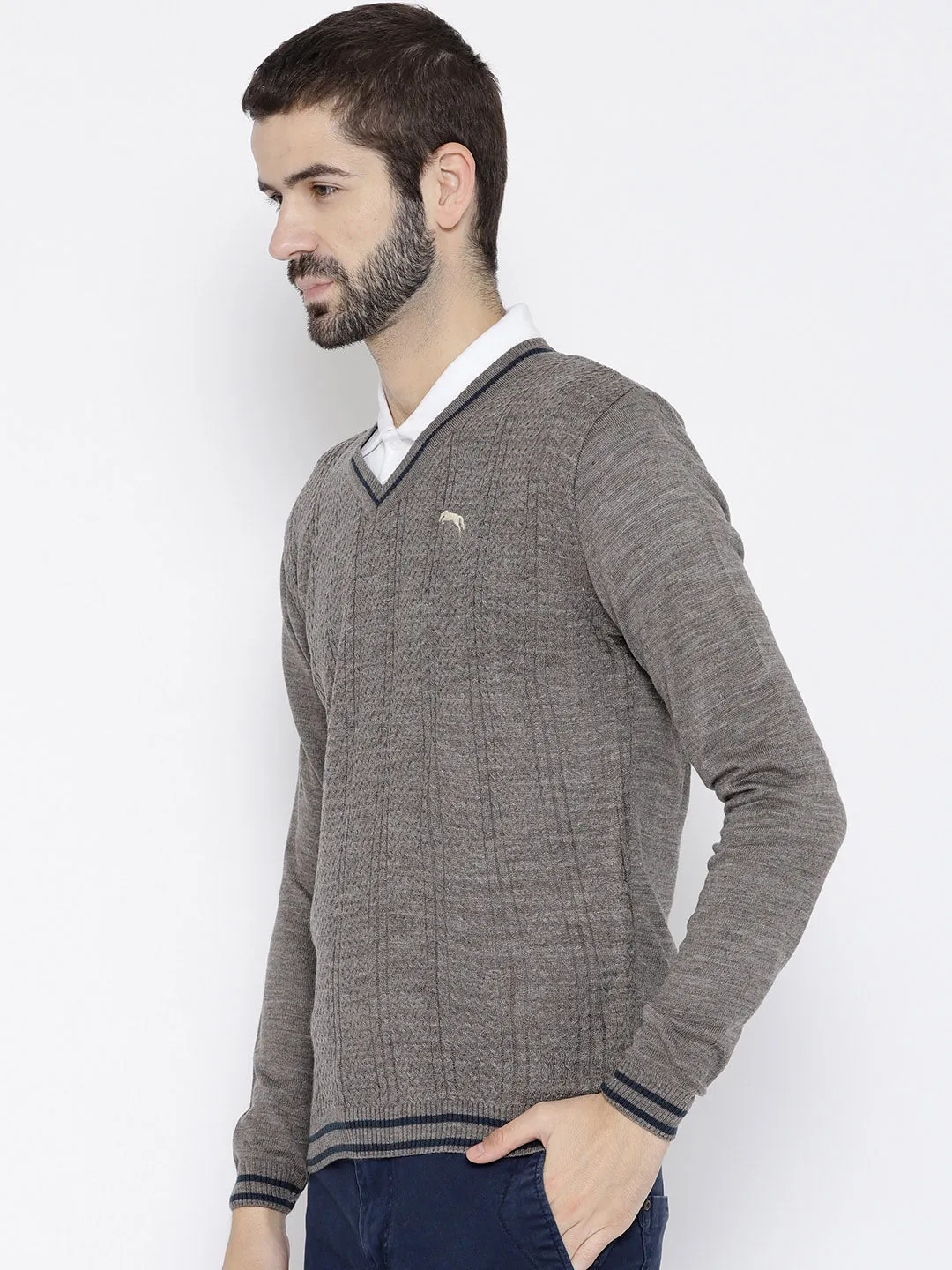 Men Beige self Design Pullover