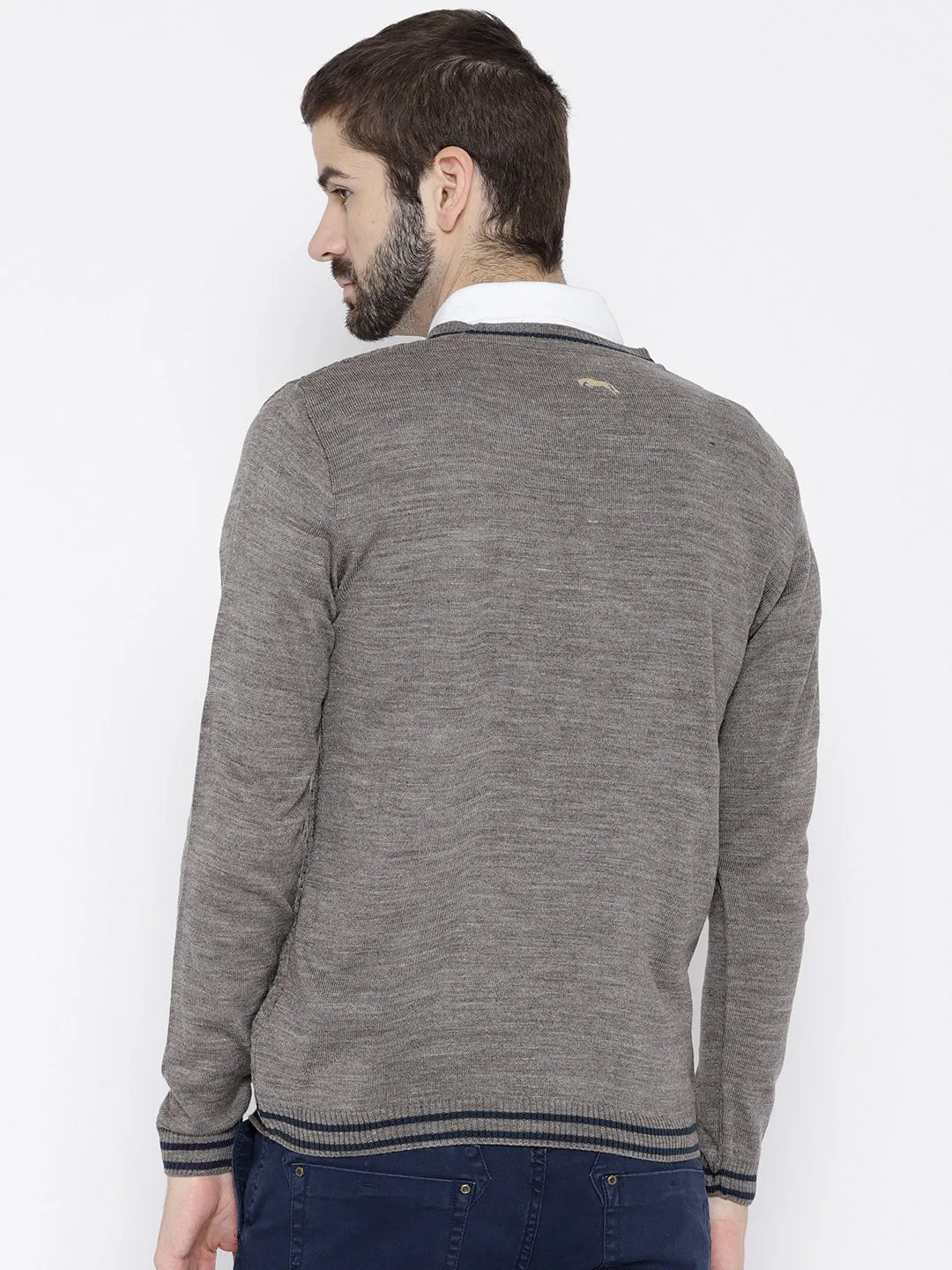 Men Beige self Design Pullover