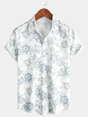 Men's Vintage Floral Print Flower Holiday Cotton Linen Breathable Short Sleeve Button Up White Hawaiian Summer Shirt