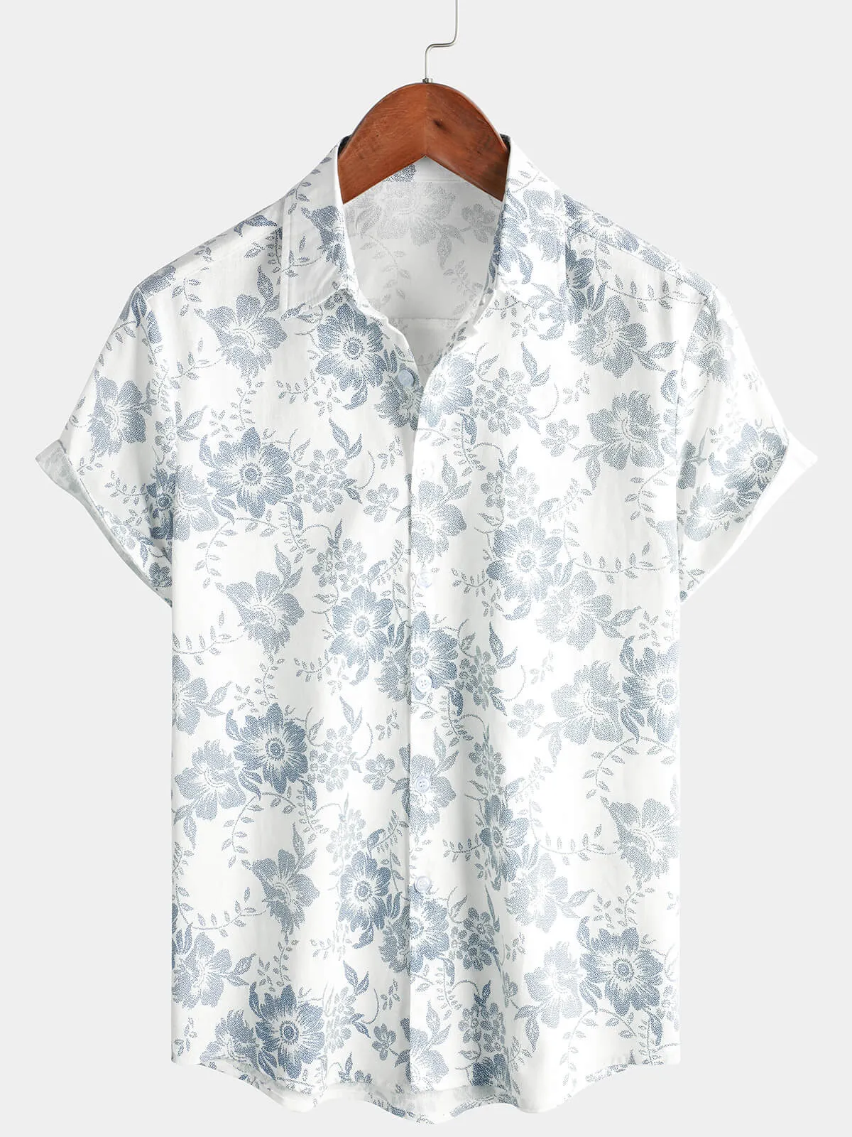 Men's Vintage Floral Print Flower Holiday Cotton Linen Breathable Short Sleeve Button Up White Hawaiian Summer Shirt