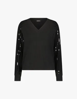 Minnie Rose Cashmere V-Neck with Sequined Sleeves in Black