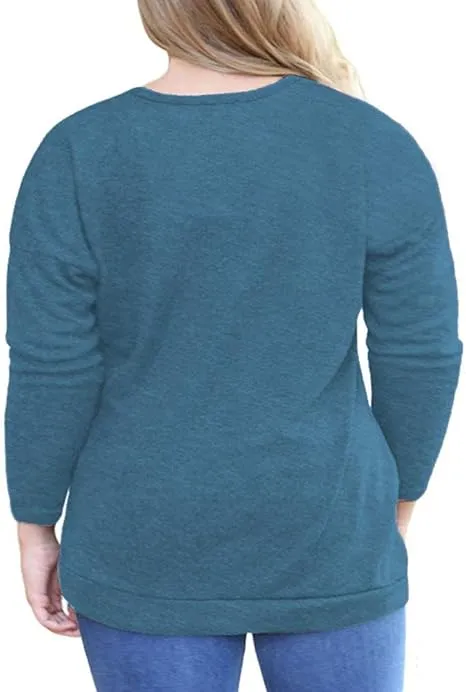 NEW VISLILY Women's Plus Size Tops Long Sleeve Buttons Casual Shirt with Pockets, Blue, Sz 2XL