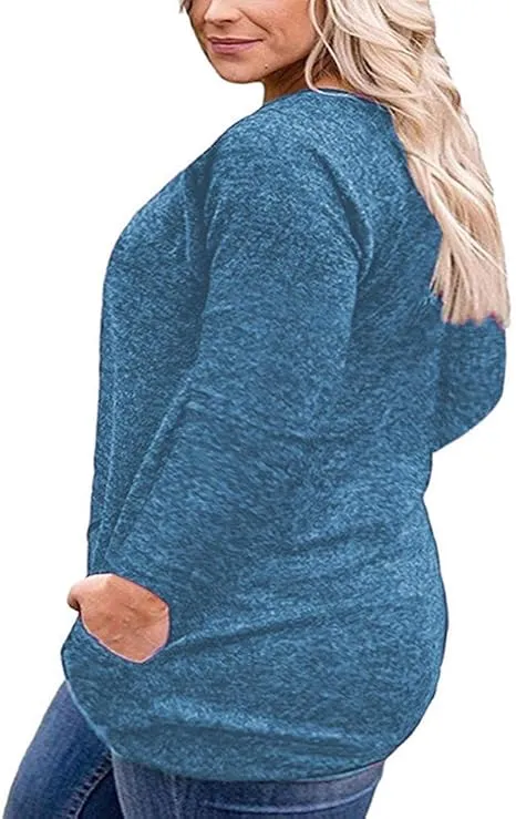 NEW VISLILY Women's Plus Size Tops Long Sleeve Buttons Casual Shirt with Pockets, Blue, Sz 2XL