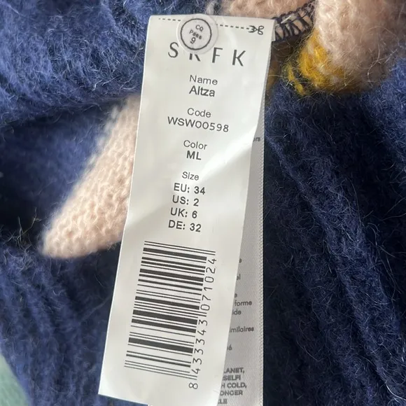 NWT SKFK Alpaca Wool Blend Striped Multicolor Aitza Sweater EU 34 | US 2
