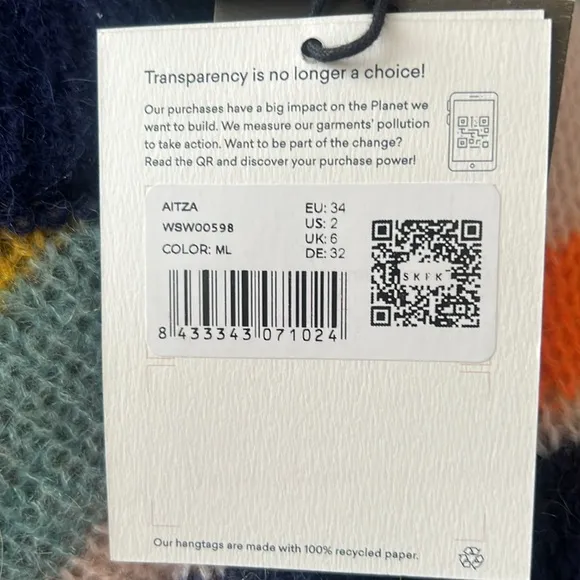 NWT SKFK Alpaca Wool Blend Striped Multicolor Aitza Sweater EU 34 | US 2