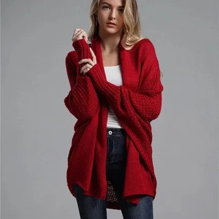 Oversized Sweater Cardigan for Women Patchwork Batwing Sleeve Long Sweater Cardigan
