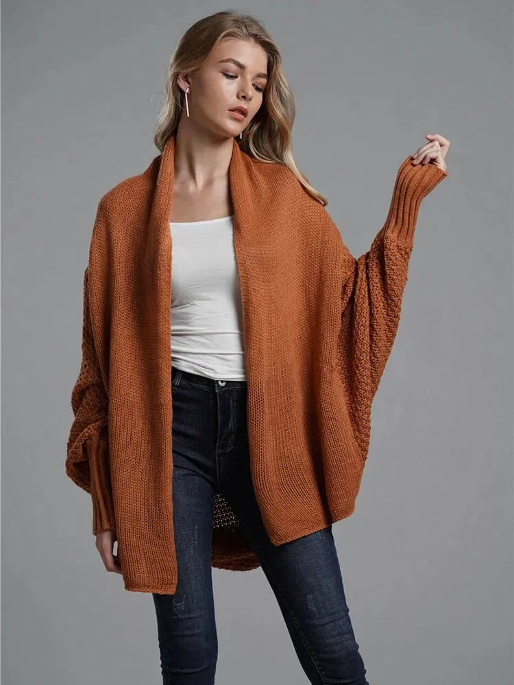 Oversized Sweater Cardigan for Women Patchwork Batwing Sleeve Long Sweater Cardigan