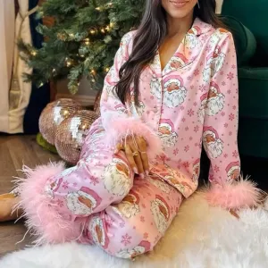 Pink Santa Print Pajama Set with Feather Trim