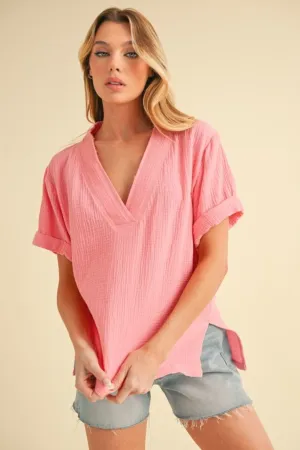 Pink Side Slit V-Neck Short Sleeve Blouse