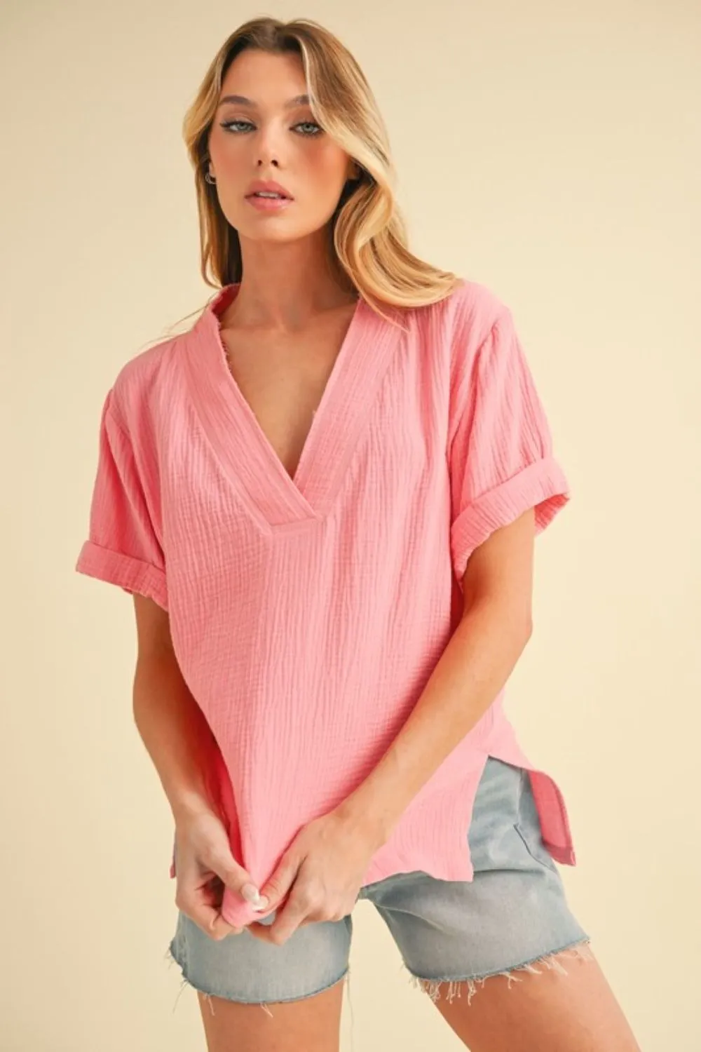 Pink Side Slit V-Neck Short Sleeve Blouse