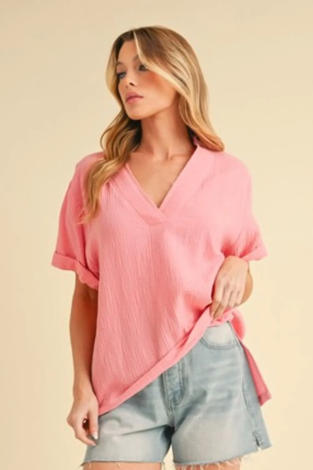 Pink Side Slit V-Neck Short Sleeve Blouse