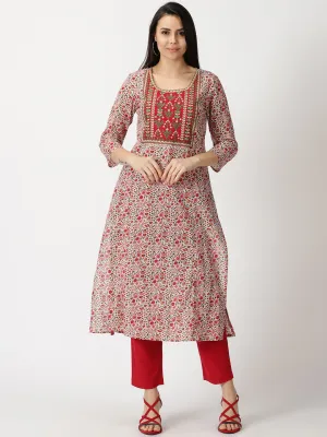 Red Floral Print Kurta with Yoke Embroidery