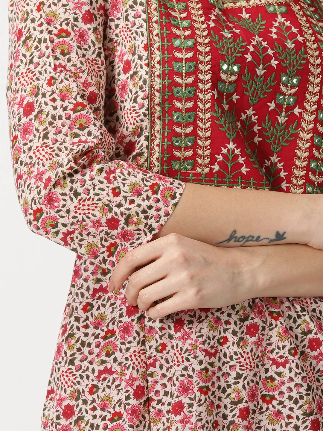 Red Floral Print Kurta with Yoke Embroidery