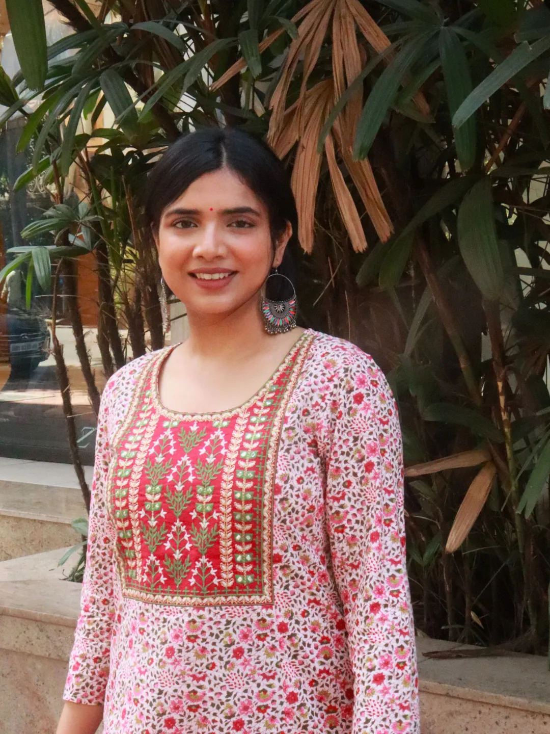 Red Floral Print Kurta with Yoke Embroidery