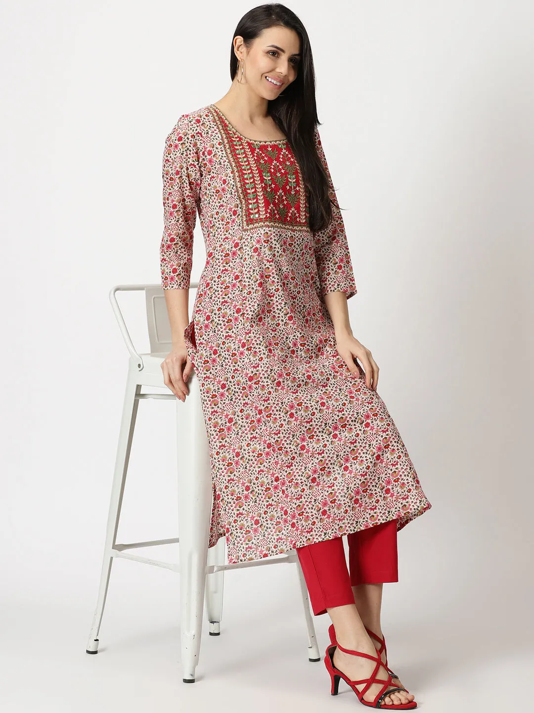 Red Floral Print Kurta with Yoke Embroidery