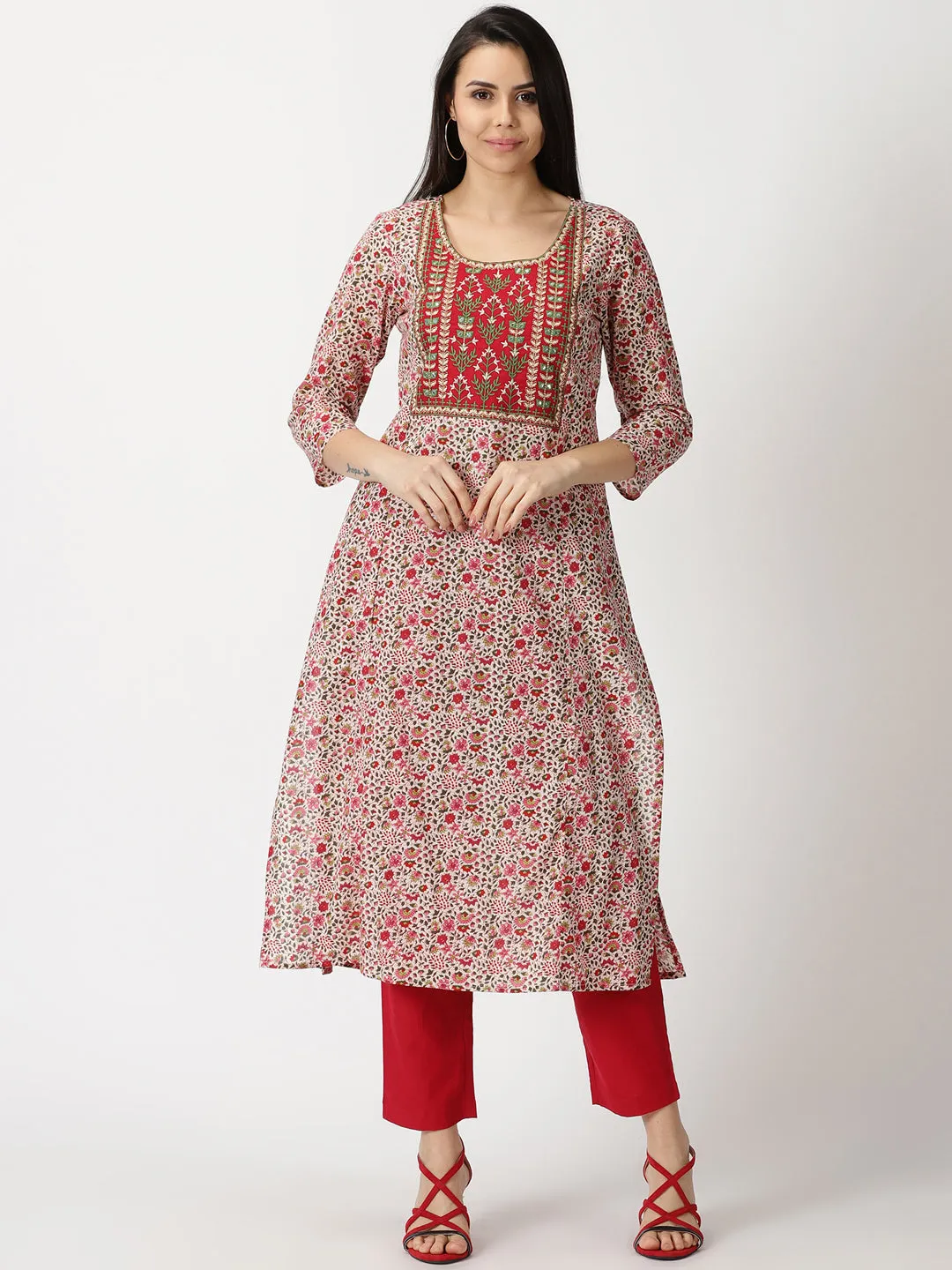 Red Floral Print Kurta with Yoke Embroidery