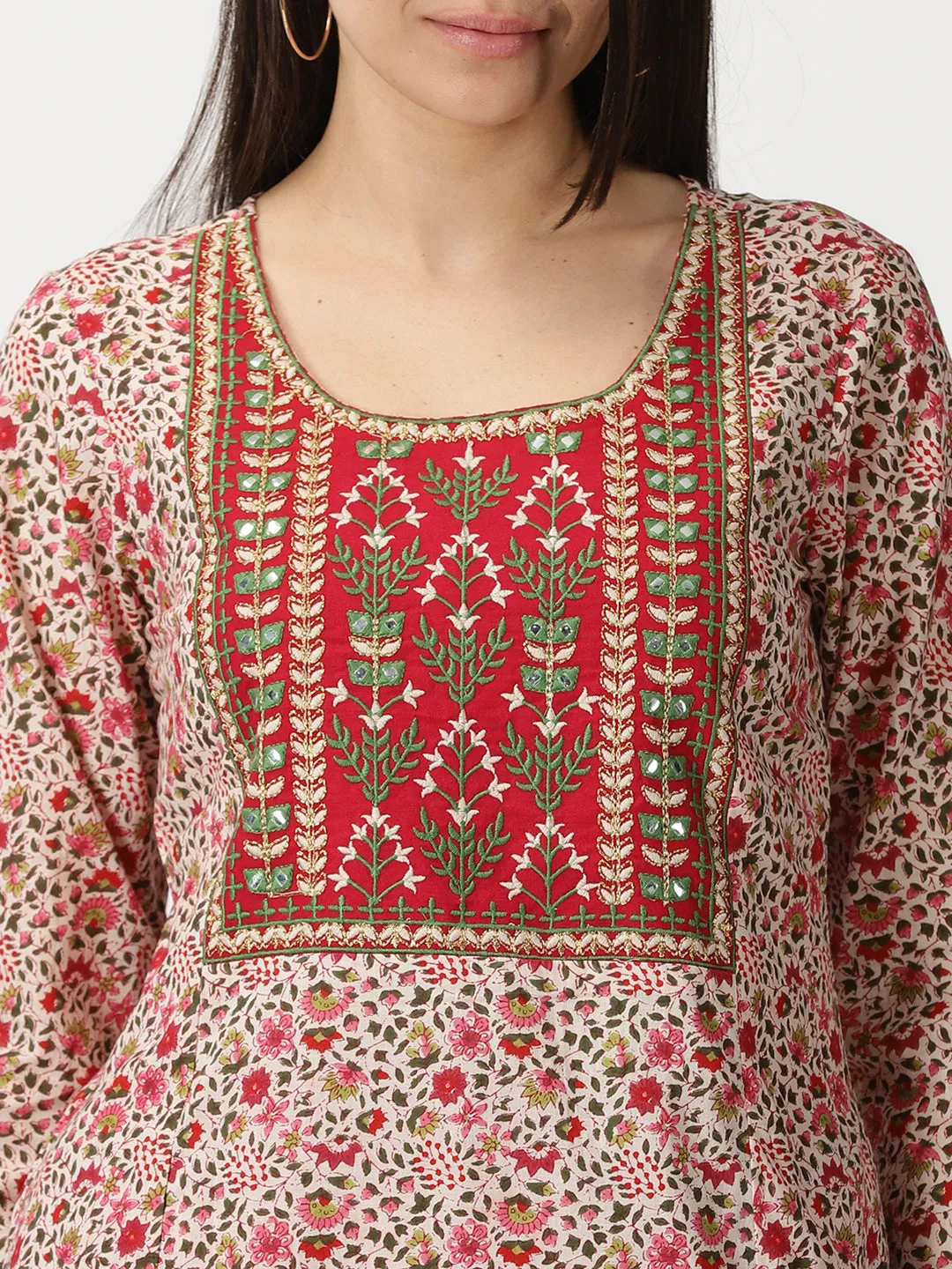 Red Floral Print Kurta with Yoke Embroidery
