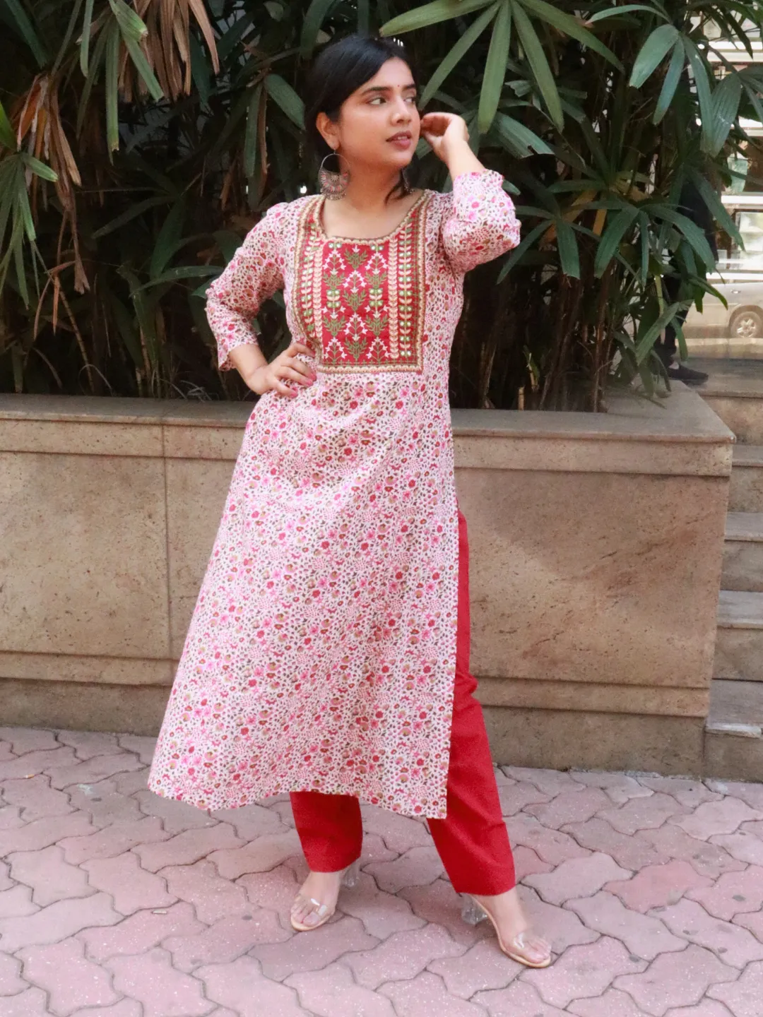 Red Floral Print Kurta with Yoke Embroidery