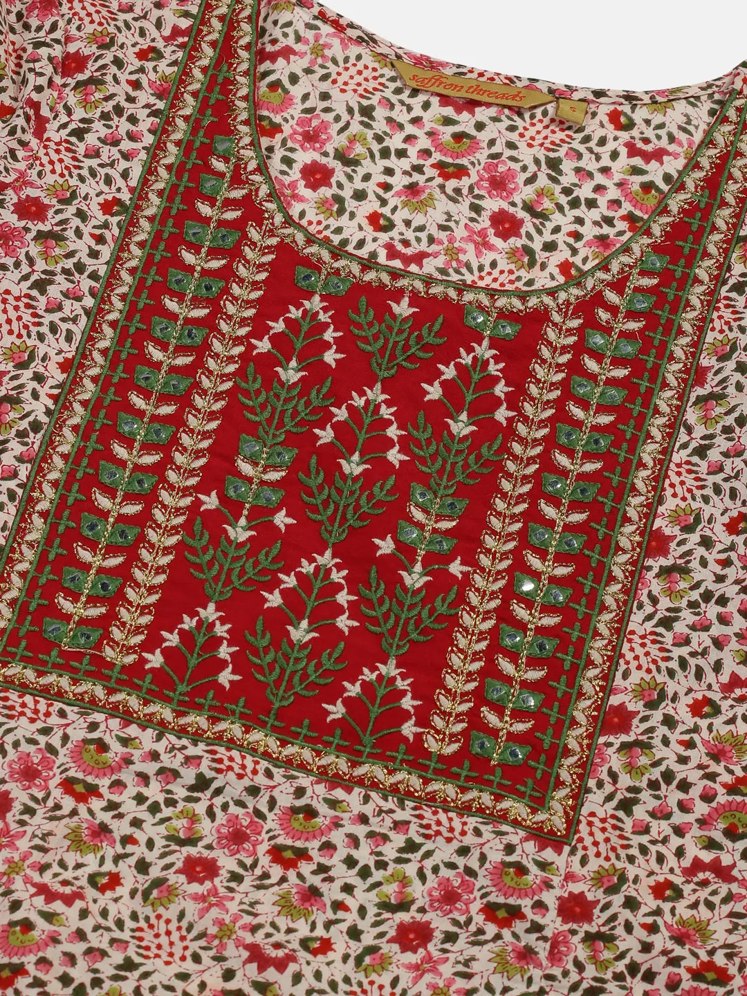 Red Floral Print Kurta with Yoke Embroidery