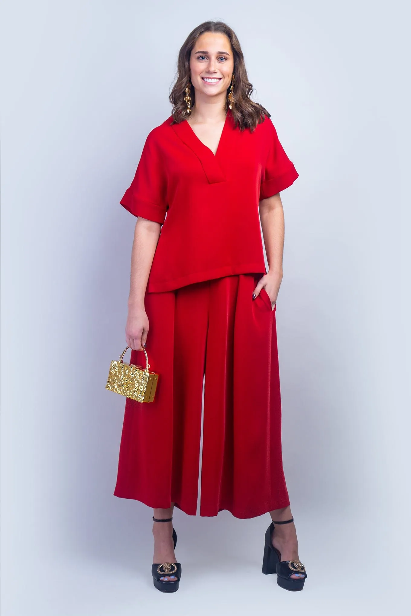 Red Pleated High Waist Wide Leg Kira Pants