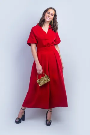 Red Pleated High Waist Wide Leg Kira Pants