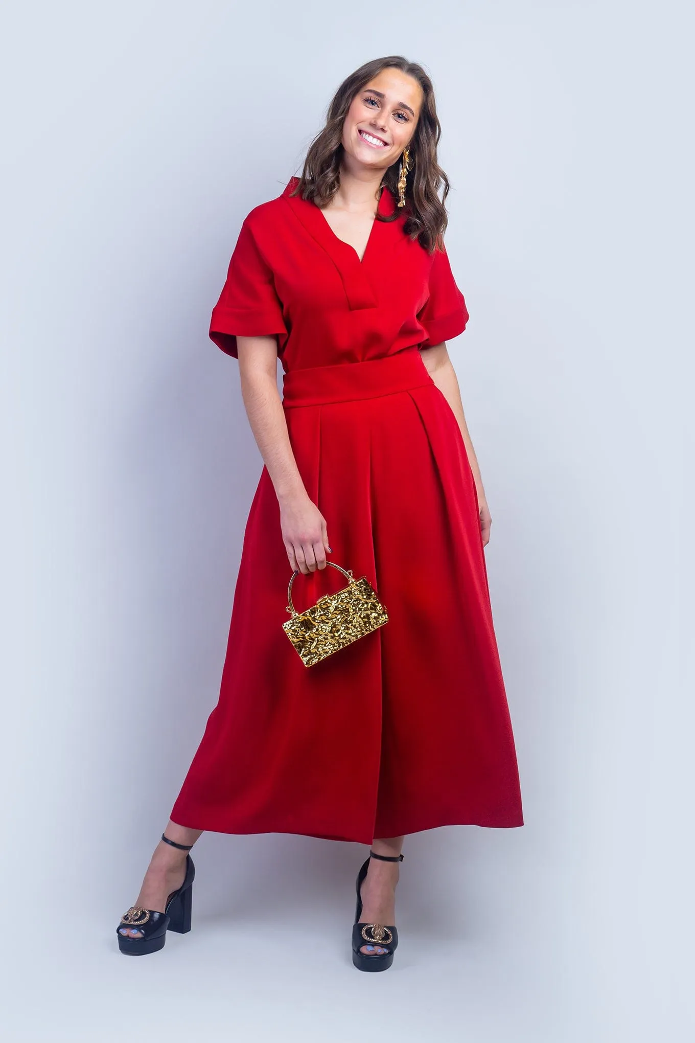Red Pleated High Waist Wide Leg Kira Pants