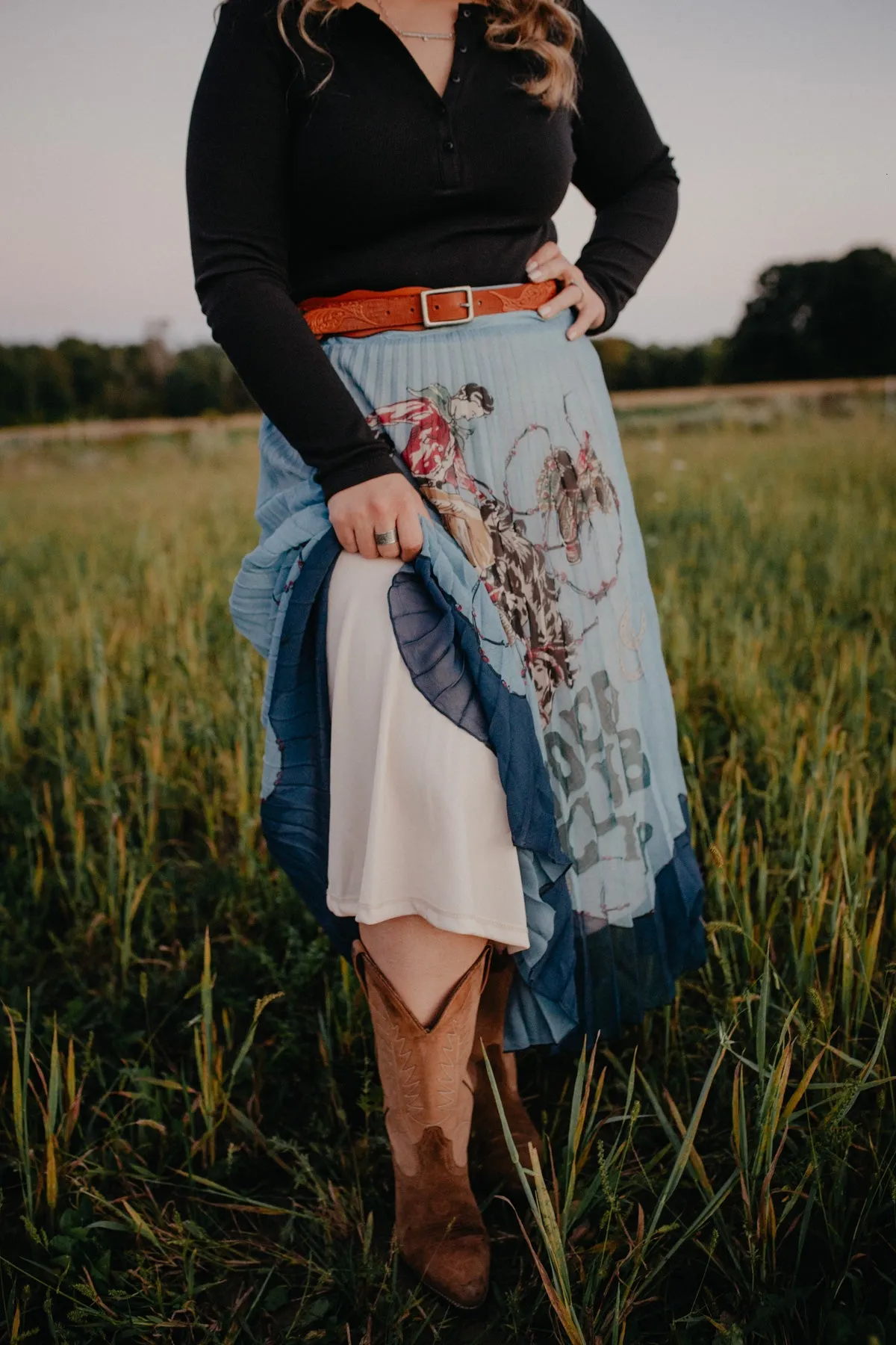 ‘Rodeo Club’ Powder Blue Pleated Midi Skirt by Tasha Polizzi (S & M)