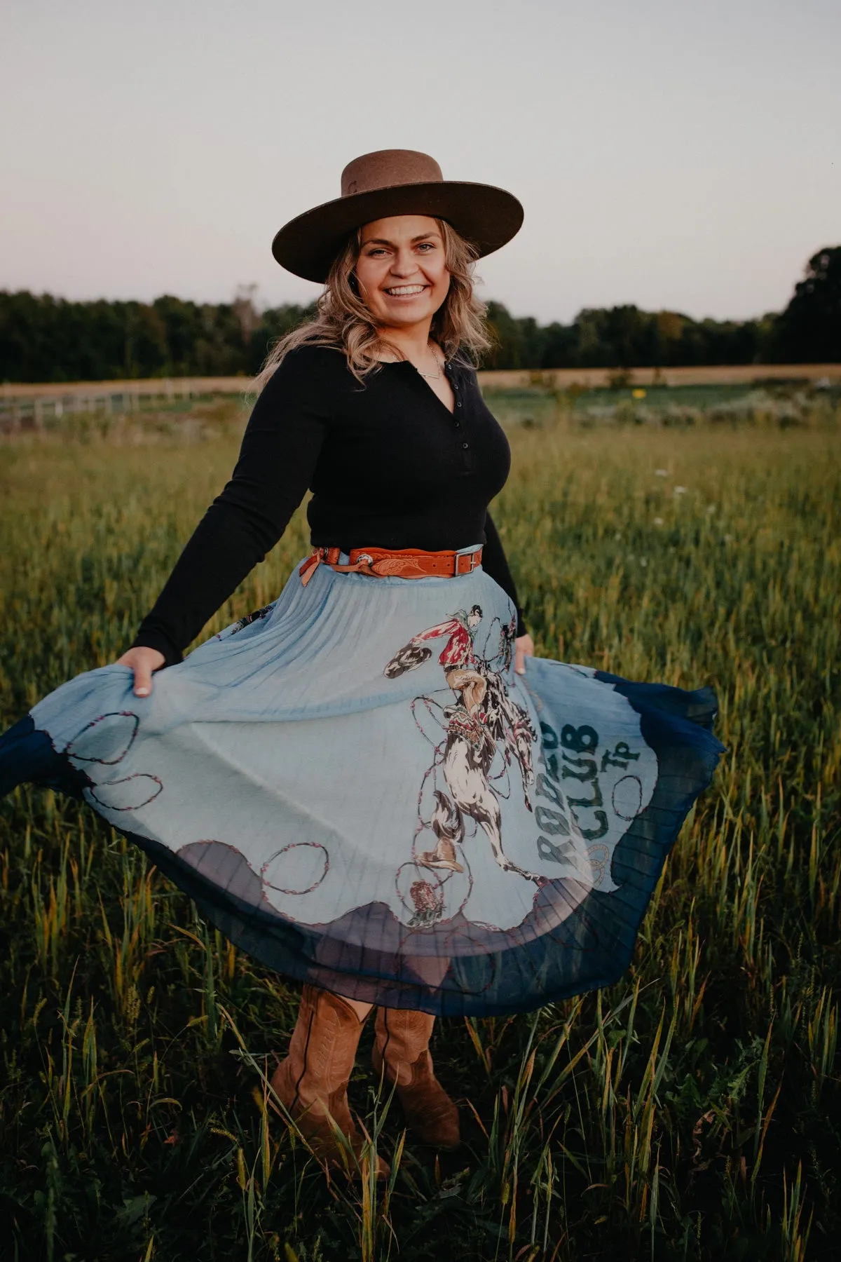 ‘Rodeo Club’ Powder Blue Pleated Midi Skirt by Tasha Polizzi (S & M)