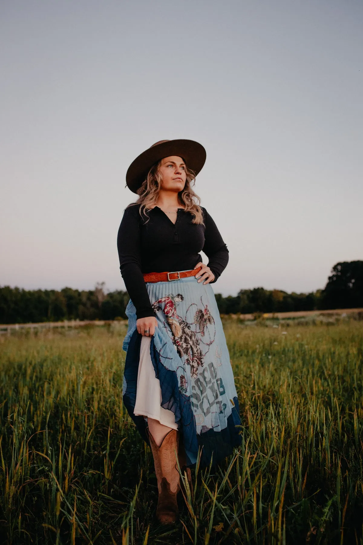 ‘Rodeo Club’ Powder Blue Pleated Midi Skirt by Tasha Polizzi (S & M)