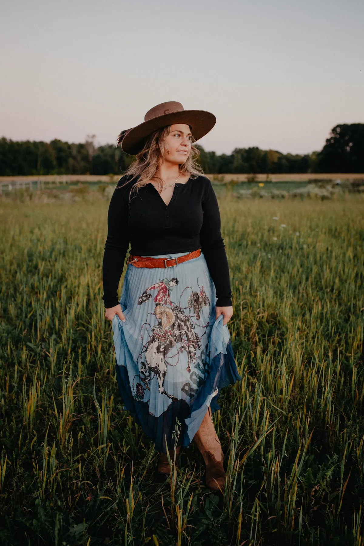 ‘Rodeo Club’ Powder Blue Pleated Midi Skirt by Tasha Polizzi (S & M)