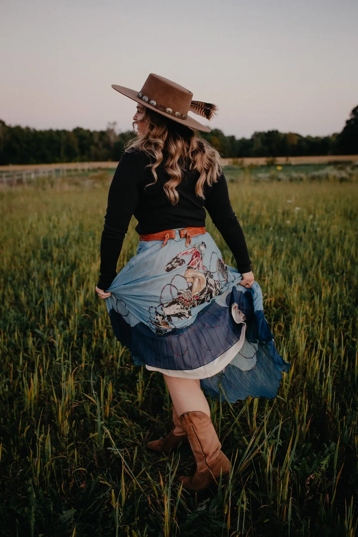 ‘Rodeo Club’ Powder Blue Pleated Midi Skirt by Tasha Polizzi (S & M)