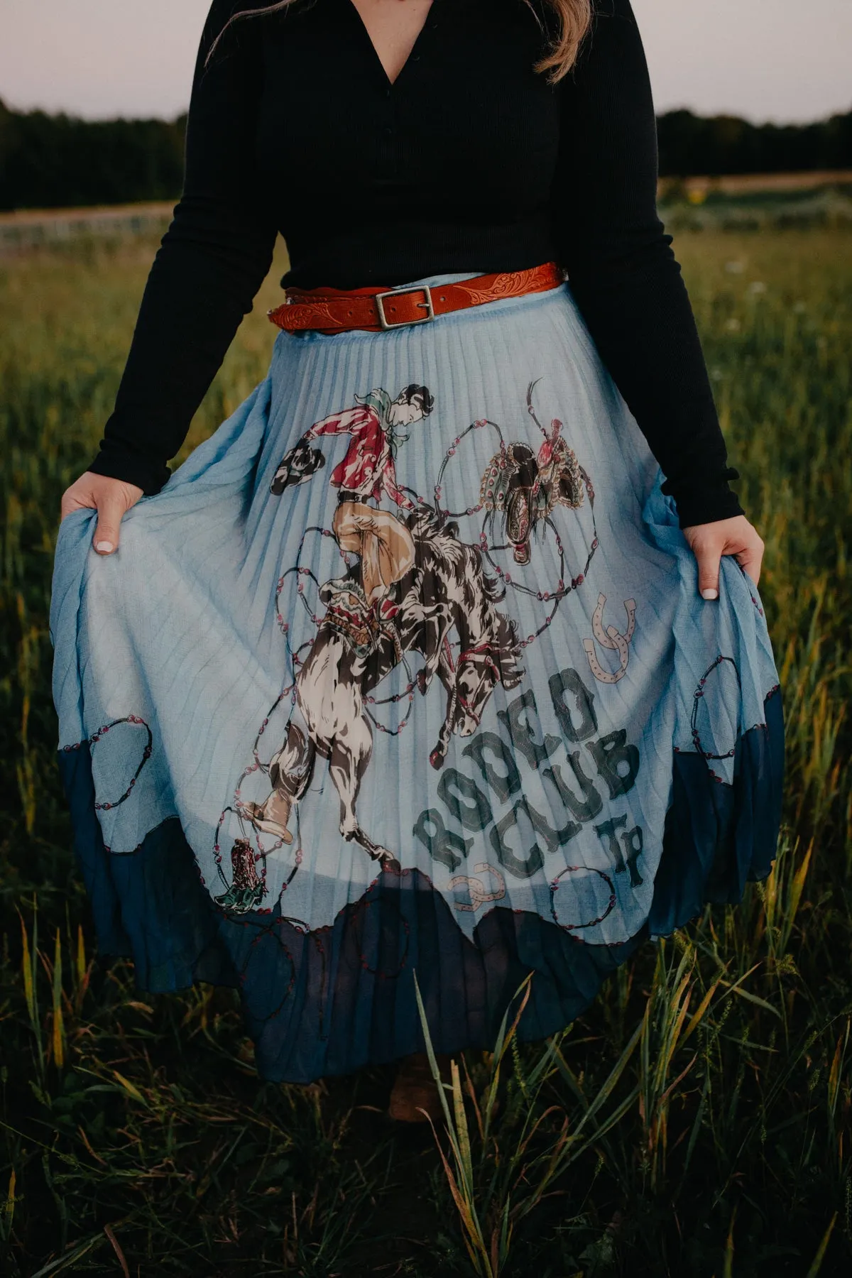 ‘Rodeo Club’ Powder Blue Pleated Midi Skirt by Tasha Polizzi (S & M)