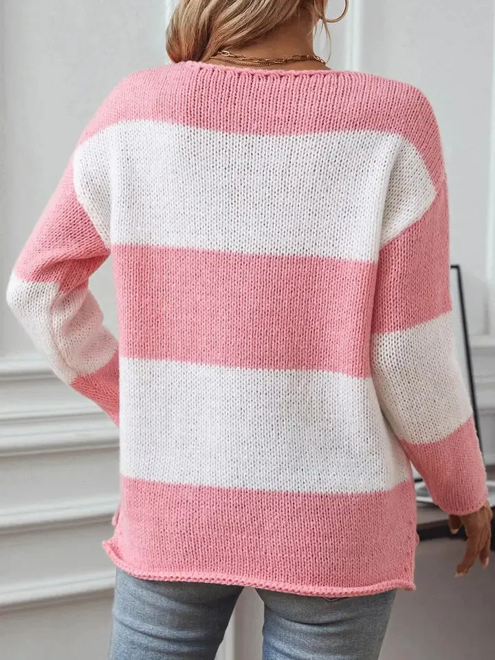 Scarlett Stripe VNeck Off the Shoulder Sweater - Pink
