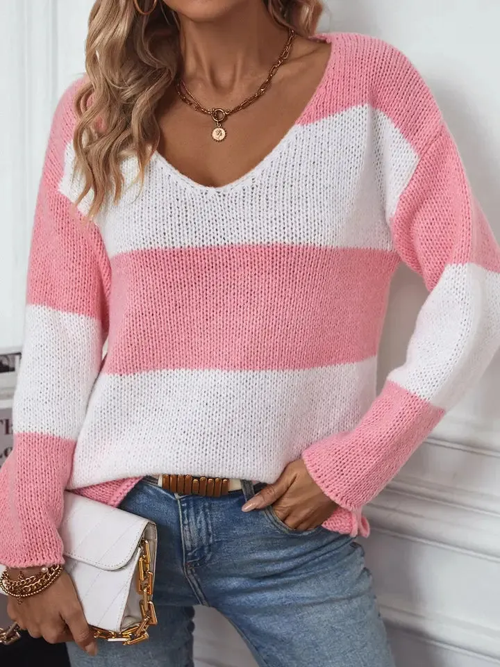 Scarlett Stripe VNeck Off the Shoulder Sweater - Pink