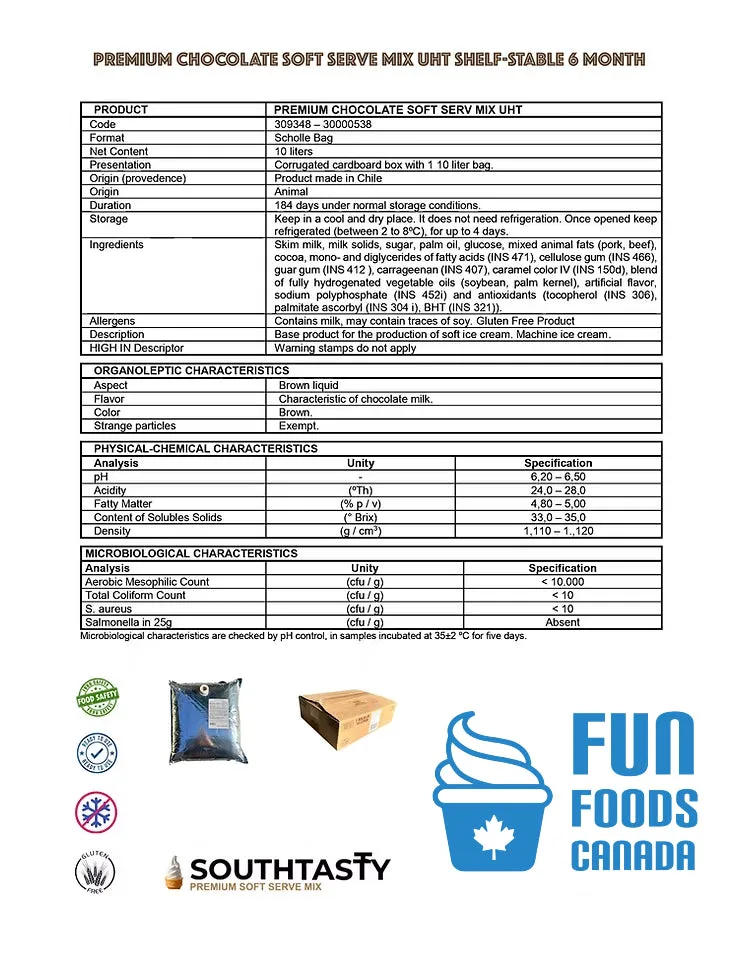 Shelf-Stable Premium Chocolate Liquid Soft Serve Ice Cream Mix - 10L Bag - UHT - Southtasty Exclusive Canadian Distributor