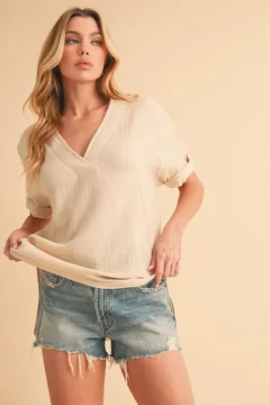 Side Slit V-Neck Short Sleeve Blouse