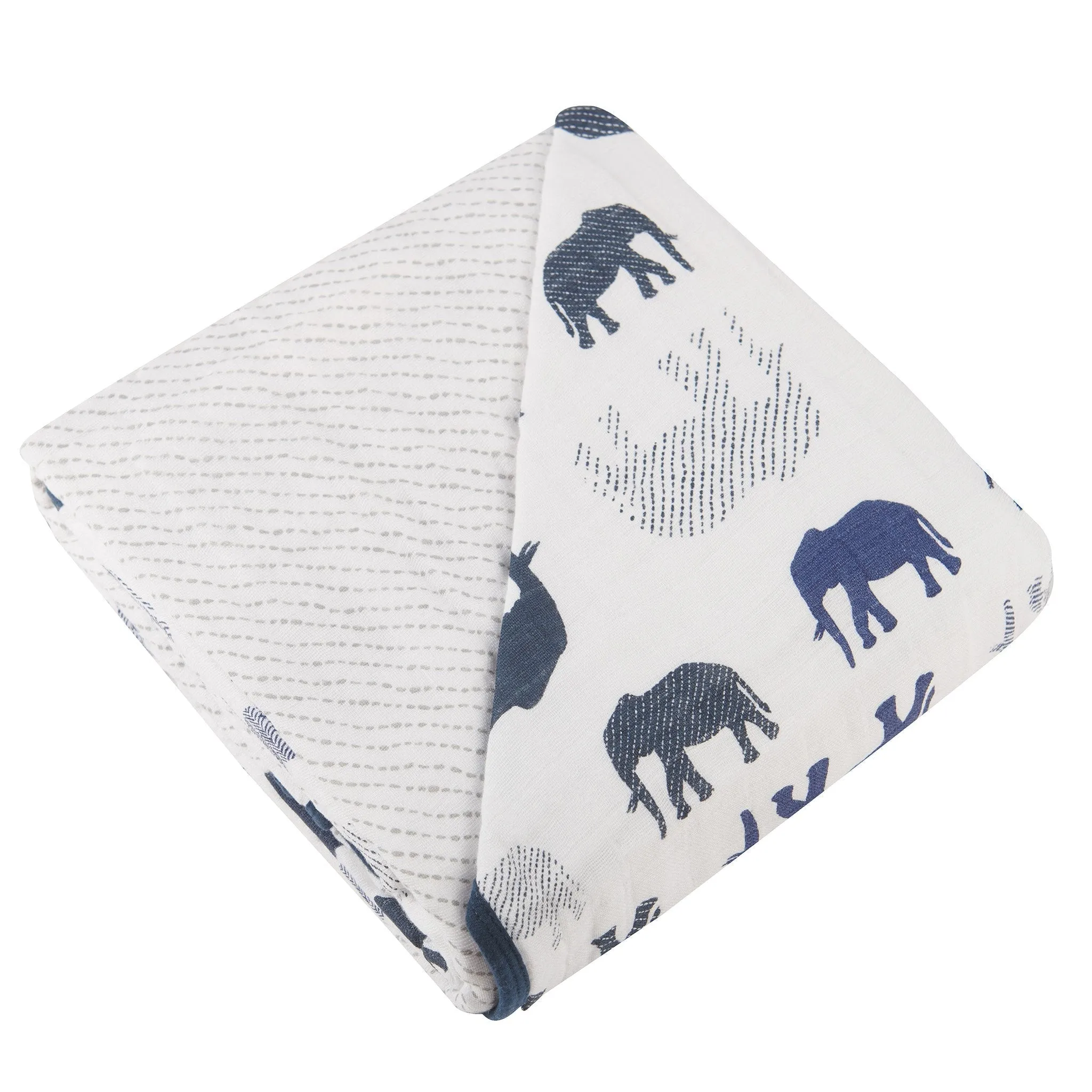 Snuggle Up: Blue Elephant and Spotted Wave Cotton Muslin Blanket