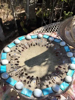 SOLD! Mosaic,Vintage Pewter Plate,Turquoise, Mother of Pearl,Iridensent Glass beads
