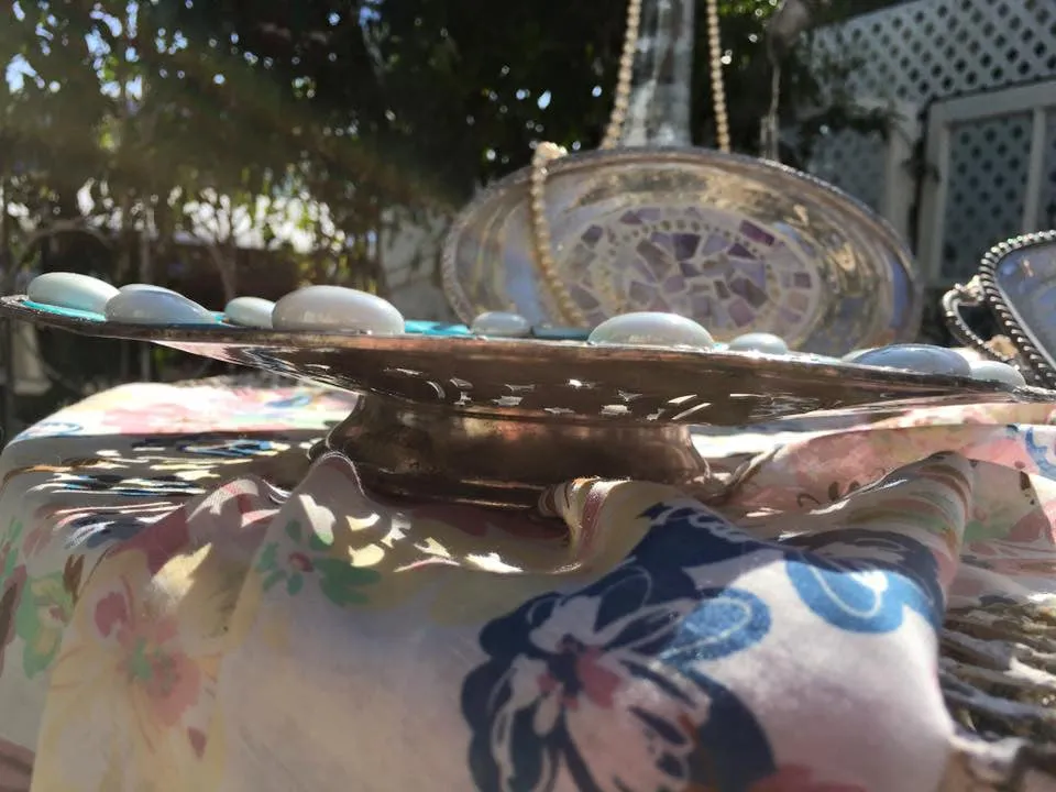 SOLD! Mosaic,Vintage Pewter Plate,Turquoise, Mother of Pearl,Iridensent Glass beads