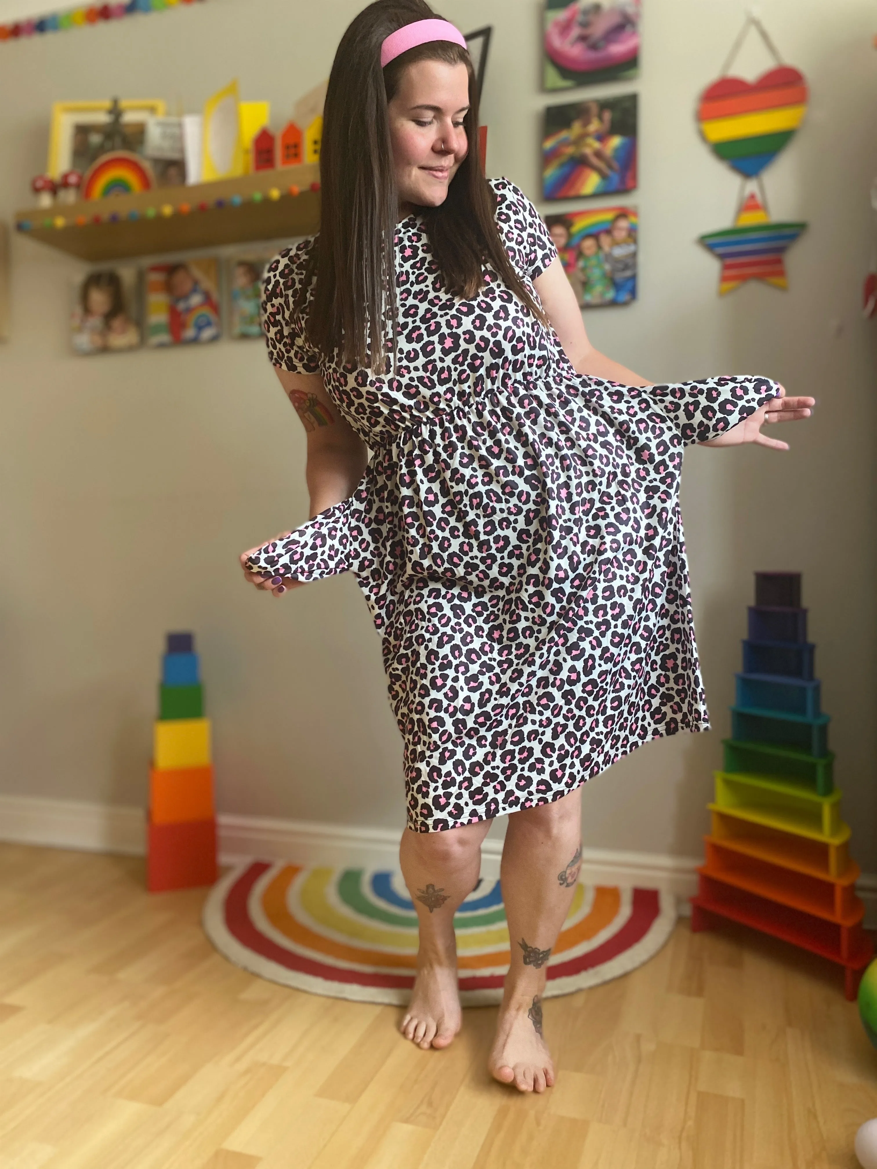 The Knee Length Breastfeeding Dress - Lizzie Leopard Pink